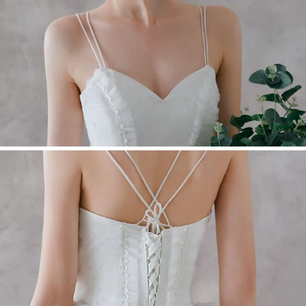 Affordable White Outdoor / Garden Wedding Dresses 2021 A-Line / Princess Spaghetti Straps Sleeveless Backless Appliques Lace Spotted Tulle Floor-Length / Long Ruffle
