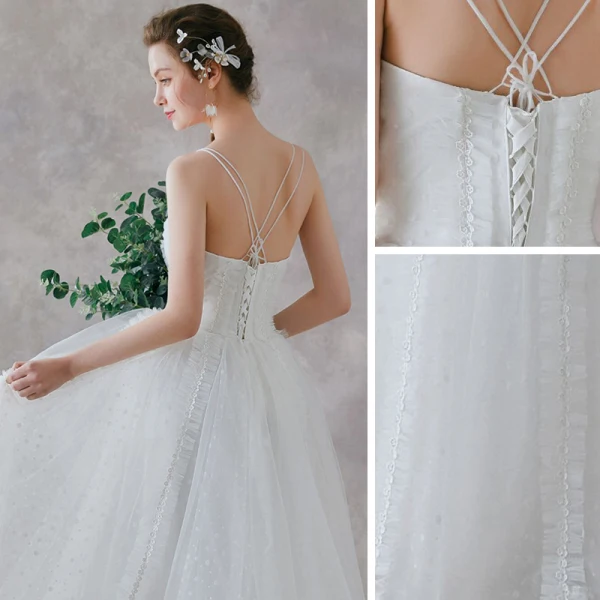 Affordable White Outdoor / Garden Wedding Dresses 2021 A-Line / Princess Spaghetti Straps Sleeveless Backless Appliques Lace Spotted Tulle Floor-Length / Long Ruffle
