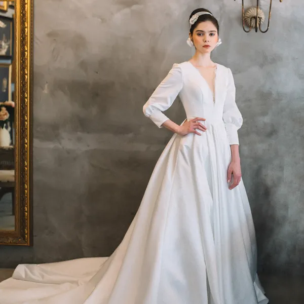 Vintage / Retro White Satin Bridal Wedding Dresses 2021 A-Line / Princess See-through Deep V-Neck Puffy 3/4 Sleeve Backless Court Train Ruffle
