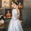 Vintage / Retro White Satin Bridal Wedding Dresses 2021 A-Line / Princess See-through Deep V-Neck Puffy 3/4 Sleeve Backless Court Train Ruffle