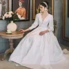 Vintage / Retro White Satin Bridal Wedding Dresses 2021 A-Line / Princess See-through Deep V-Neck Puffy 3/4 Sleeve Backless Court Train Ruffle