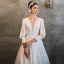 Vintage / Retro White Satin Bridal Wedding Dresses 2021 A-Line / Princess See-through Deep V-Neck Puffy 3/4 Sleeve Backless Court Train Ruffle