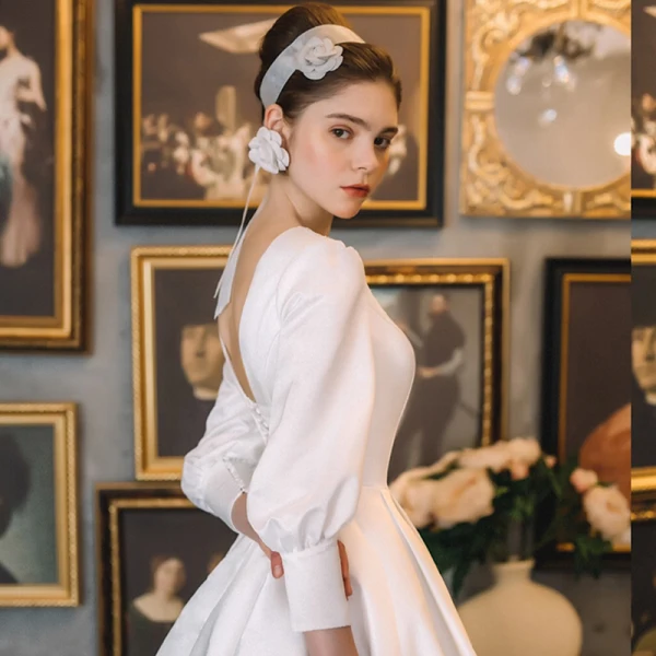 Vintage / Retro White Satin Bridal Wedding Dresses 2021 A-Line / Princess See-through Deep V-Neck Puffy 3/4 Sleeve Backless Court Train Ruffle