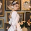 Vintage / Retro White Satin Bridal Wedding Dresses 2021 A-Line / Princess See-through Deep V-Neck Puffy 3/4 Sleeve Backless Court Train Ruffle
