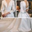 Vintage / Retro White Satin Bridal Wedding Dresses 2021 A-Line / Princess See-through Deep V-Neck Puffy 3/4 Sleeve Backless Court Train Ruffle