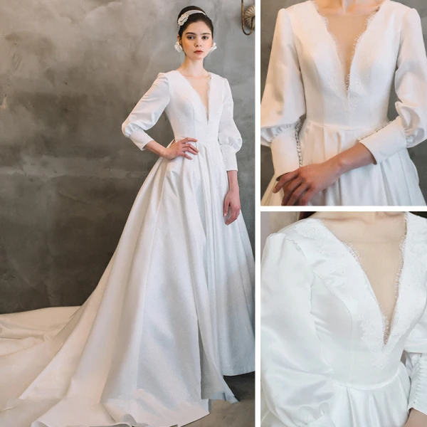Vintage / Retro White Satin Bridal Wedding Dresses 2021 A-Line / Princess See-through Deep V-Neck Puffy 3/4 Sleeve Backless Court Train Ruffle