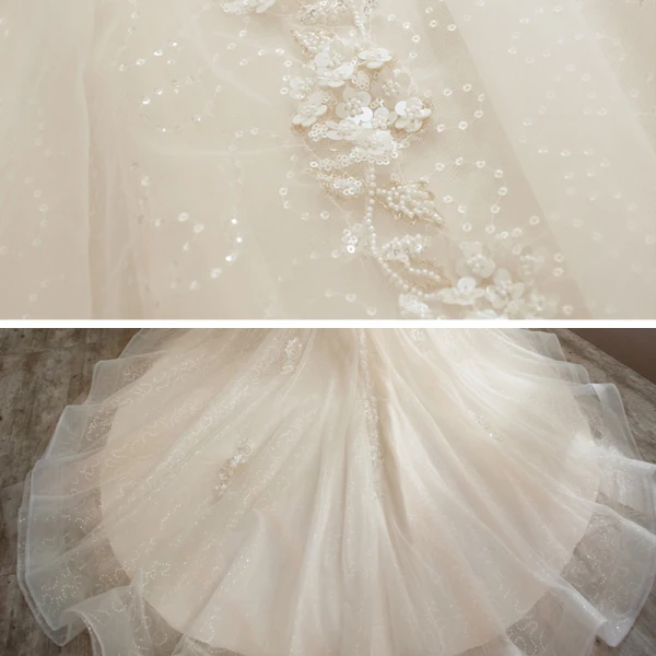 Romantique Champagne La Mariée Robe De Mariée 2021 Robe Boule Transparentes Encolure Dégagée Gonflée Manches Courtes Dos Nu Appliques En Dentelle Perlage Paillettes Glitter Tulle Cathedral Train Volants