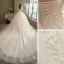 Romantique Champagne La Mariée Robe De Mariée 2021 Robe Boule Transparentes Encolure Dégagée Gonflée Manches Courtes Dos Nu Appliques En Dentelle Perlage Paillettes Glitter Tulle Cathedral Train Volants