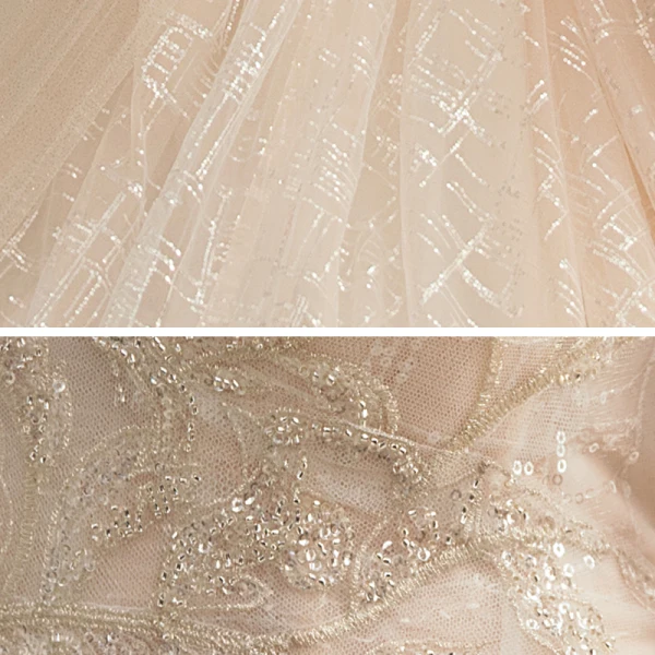 Scintillantes Champagne La Mariée Robe De Mariée 2021 Robe Boule Bustier Sans Manches Dos Nu Appliques En Dentelle Perlage Paillettes Cathedral Train Volants