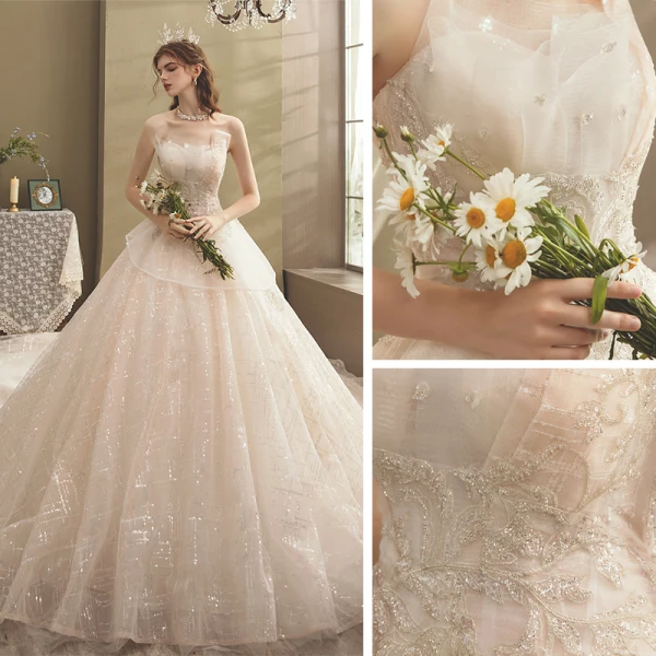 Scintillantes Champagne La Mariée Robe De Mariée 2021 Robe Boule Bustier Sans Manches Dos Nu Appliques En Dentelle Perlage Paillettes Cathedral Train Volants