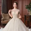 Chinese style Ivory Bridal Wedding Dresses 2021 Ball Gown See-through High Neck Short Sleeve Backless Beading Sequins Floor-Length / Long Ruffle