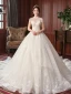 Chinesischer Stil Ivory / Creme Hochzeits Brautkleider / Hochzeitskleider 2021 Ballkleid Durchsichtige Stehkragen Kurze Ärmel Rückenfreies Perlenstickerei Pailletten Lange Rüschen