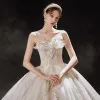 Luxury / Gorgeous Ivory Bridal Wedding Dresses 2021 Ball Gown Off-The-Shoulder Detachable Long Sleeve Backless Beading Sequins Glitter Tulle Cathedral Train Ruffle