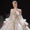 Luxury / Gorgeous Ivory Bridal Wedding Dresses 2021 Ball Gown Off-The-Shoulder Detachable Long Sleeve Backless Beading Sequins Glitter Tulle Cathedral Train Ruffle