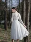 Affordable White Lace Outdoor / Garden Wedding Dresses 2021 A-Line / Princess Scoop Neck Long Sleeve Backless Tea-length Ruffle
