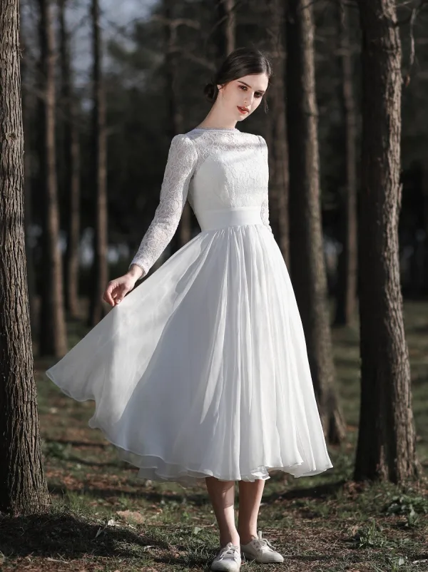 Affordable White Lace Outdoor / Garden Wedding Dresses 2021 A-Line / Princess Scoop Neck Long Sleeve Backless Tea-length Ruffle