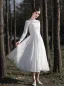 Affordable White Lace Outdoor / Garden Wedding Dresses 2021 A-Line / Princess Scoop Neck Long Sleeve Backless Tea-length Ruffle