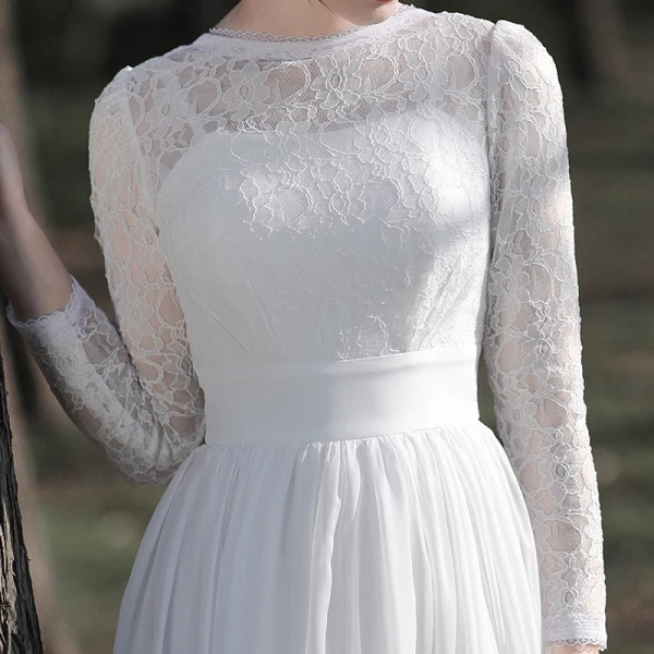 Affordable White Lace Outdoor / Garden Wedding Dresses 2021 A-Line / Princess Scoop Neck Long Sleeve Backless Tea-length Ruffle