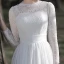 Affordable White Lace Outdoor / Garden Wedding Dresses 2021 A-Line / Princess Scoop Neck Long Sleeve Backless Tea-length Ruffle