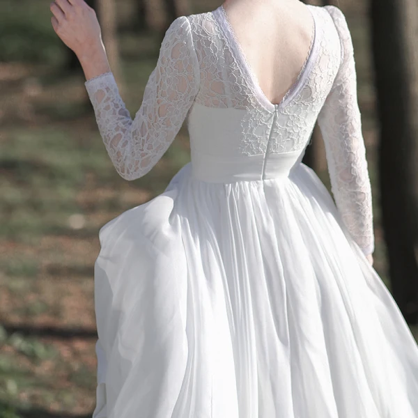 Affordable White Lace Outdoor / Garden Wedding Dresses 2021 A-Line / Princess Scoop Neck Long Sleeve Backless Tea-length Ruffle