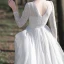 Affordable White Lace Outdoor / Garden Wedding Dresses 2021 A-Line / Princess Scoop Neck Long Sleeve Backless Tea-length Ruffle