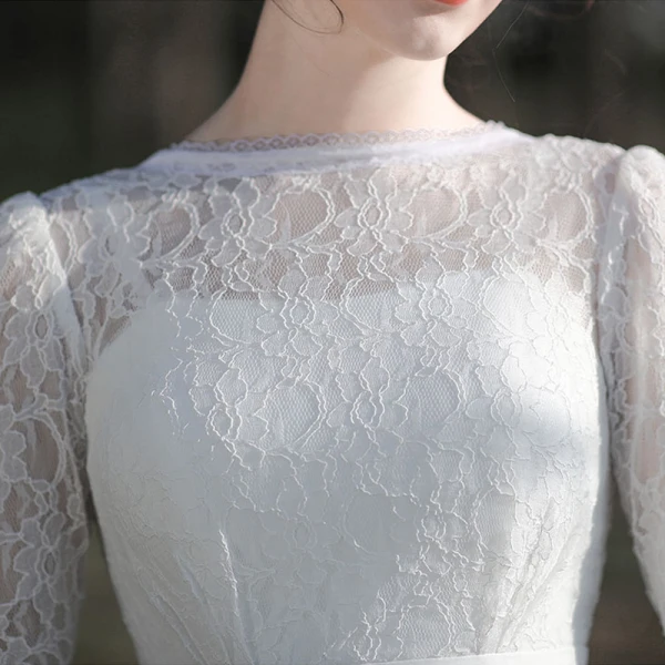 Affordable White Lace Outdoor / Garden Wedding Dresses 2021 A-Line / Princess Scoop Neck Long Sleeve Backless Tea-length Ruffle