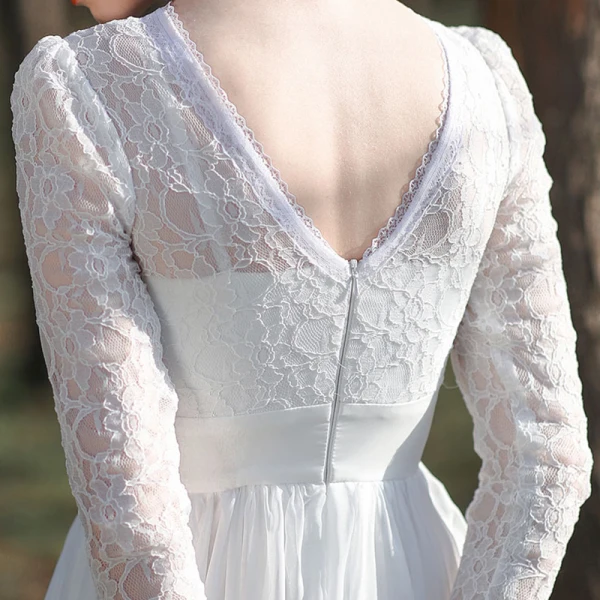 Affordable White Lace Outdoor / Garden Wedding Dresses 2021 A-Line / Princess Scoop Neck Long Sleeve Backless Tea-length Ruffle