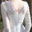 Affordable White Lace Outdoor / Garden Wedding Dresses 2021 A-Line / Princess Scoop Neck Long Sleeve Backless Tea-length Ruffle