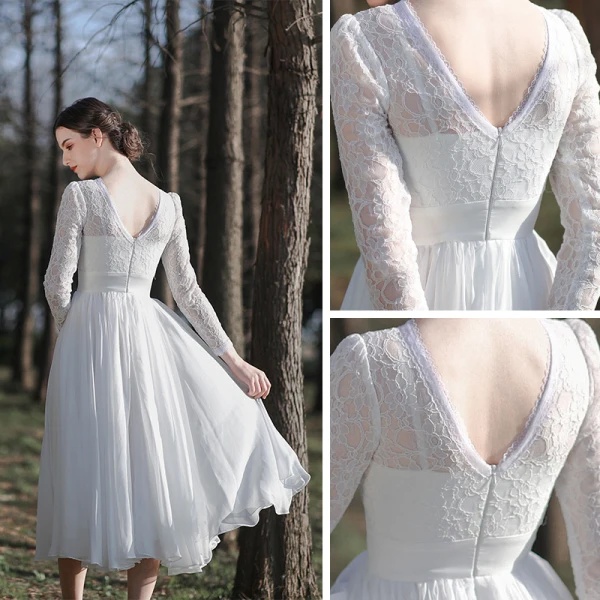 Affordable White Lace Outdoor / Garden Wedding Dresses 2021 A-Line / Princess Scoop Neck Long Sleeve Backless Tea-length Ruffle