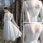 Affordable White Lace Outdoor / Garden Wedding Dresses 2021 A-Line / Princess Scoop Neck Long Sleeve Backless Tea-length Ruffle
