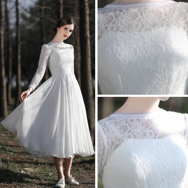 Affordable White Lace Outdoor / Garden Wedding Dresses 2021 A-Line / Princess Scoop Neck Long Sleeve Backless Tea-length Ruffle