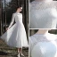 Affordable White Lace Outdoor / Garden Wedding Dresses 2021 A-Line / Princess Scoop Neck Long Sleeve Backless Tea-length Ruffle