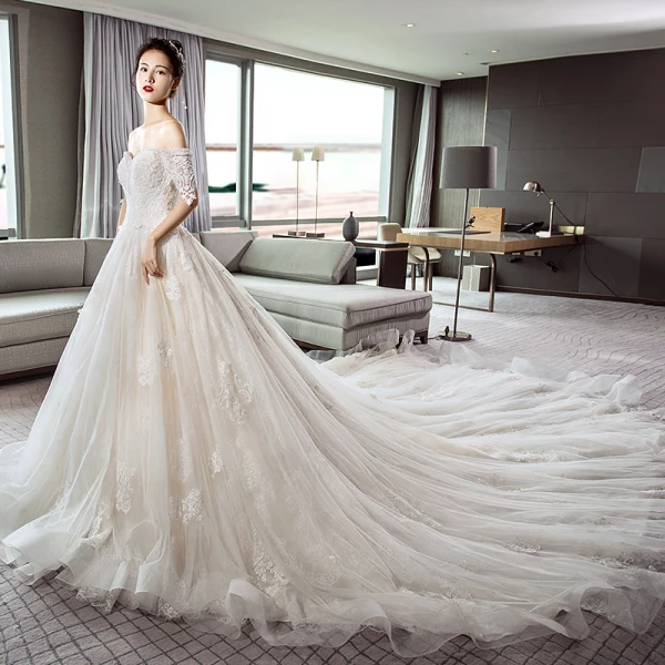 Luxury / Gorgeous Ivory Wedding Dresses 2018 A-Line / Princess Off-The-Shoulder Short Sleeve Appliques Lace Beading Backless Cathedral Train Ruffle