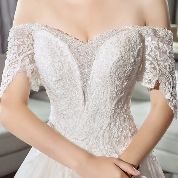 Luxury / Gorgeous Ivory Wedding Dresses 2018 A-Line / Princess Off-The-Shoulder Short Sleeve Appliques Lace Beading Backless Cathedral Train Ruffle