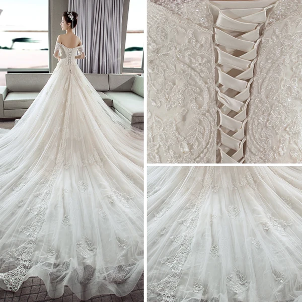 Luxury / Gorgeous Ivory Wedding Dresses 2018 A-Line / Princess Off-The-Shoulder Short Sleeve Appliques Lace Beading Backless Cathedral Train Ruffle