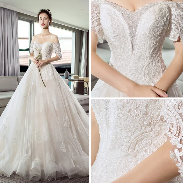 Luxury / Gorgeous Ivory Wedding Dresses 2018 A-Line / Princess Off-The-Shoulder Short Sleeve Appliques Lace Beading Backless Cathedral Train Ruffle