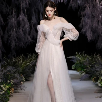 Elegant Champagne Prom Dresses 2021 A Line Princess Spaghetti Straps Puffy Long Sleeve Spotted Tulle Split Front Sweep Train Ruffle Backless Formal Dresses