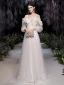 Elegante Champagner Ballkleider 2021 A Linie Spaghettiträger Geschwollenes Lange Ärmel Geflecktes Tülle Gespaltete Front Sweep / Pinsel Zug Rüschen Rückenfreies Festliche Kleider
