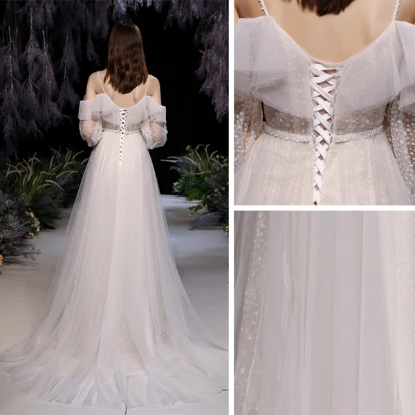 Elegante Champagner Ballkleider 2021 A Linie Spaghettiträger Geschwollenes Lange Ärmel Geflecktes Tülle Gespaltete Front Sweep / Pinsel Zug Rüschen Rückenfreies Festliche Kleider