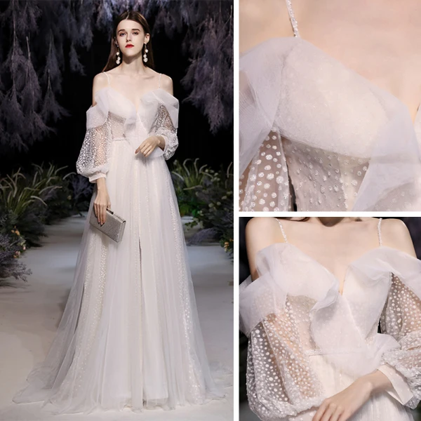 Elegante Champagner Ballkleider 2021 A Linie Spaghettiträger Geschwollenes Lange Ärmel Geflecktes Tülle Gespaltete Front Sweep / Pinsel Zug Rüschen Rückenfreies Festliche Kleider
