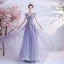 Élégant Violet Robe De Bal 2021 Princesse De l'épaule Manches Courtes Appliques Perlage Paillettes Glitter Tulle Train De Balayage Volants Dos Nu Robe De Ceremonie