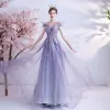 Elegant Purple Prom Dresses 2021 A-Line / Princess Off-The-Shoulder Short Sleeve Appliques Beading Sequins Glitter Tulle Sweep Train Ruffle Backless Formal Dresses