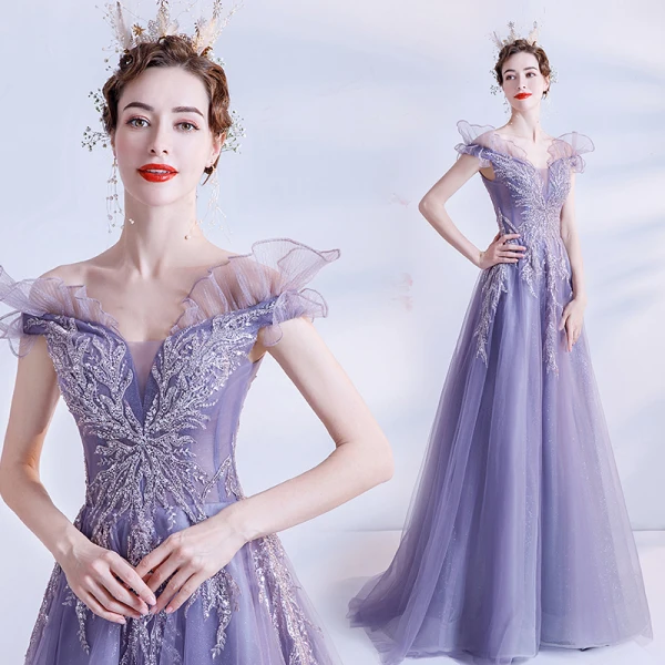 Élégant Violet Robe De Bal 2021 Princesse De l'épaule Manches Courtes Appliques Perlage Paillettes Glitter Tulle Train De Balayage Volants Dos Nu Robe De Ceremonie
