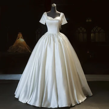 Affordable Ivory Satin Bridal Wedding Dresses 2021 Ball Gown Square Neckline Short Sleeve Backless Beading Pearl Bow Floor Length Long Ruffle