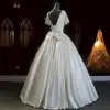 Affordable Ivory Satin Bridal Wedding Dresses 2021 Ball Gown Square Neckline Short Sleeve Backless Beading Pearl Bow Floor-Length / Long Ruffle