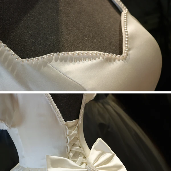 Abordable Ivoire Satin La Mariée Robe De Mariée 2021 Robe Boule Encolure Carrée Manches Courtes Dos Nu Perlage Perle Noeud Longue Volants
