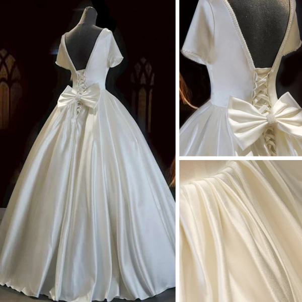 Abordable Ivoire Satin La Mariée Robe De Mariée 2021 Robe Boule Encolure Carrée Manches Courtes Dos Nu Perlage Perle Noeud Longue Volants