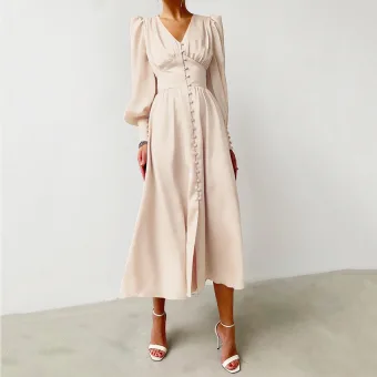 Modest Simple Beige Summer Maxi Dresses 2021 Deep V Neck Puffy Long Sleeve Tea Length Ruffle Womens Clothing