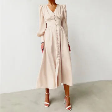 Simple Beige Été Robes Longues 2021 Col V Profond Gonflée Manches Longues Thé Longueur Volants Vêtements Femme