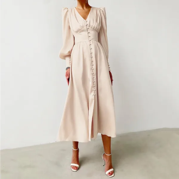 Eenvoudige Abrikoos / Beige Zomer Maxi-jurken 2021 Diepe v-hals Gezwollen Lange Mouwen Tea-length Ruche Dameskleding
